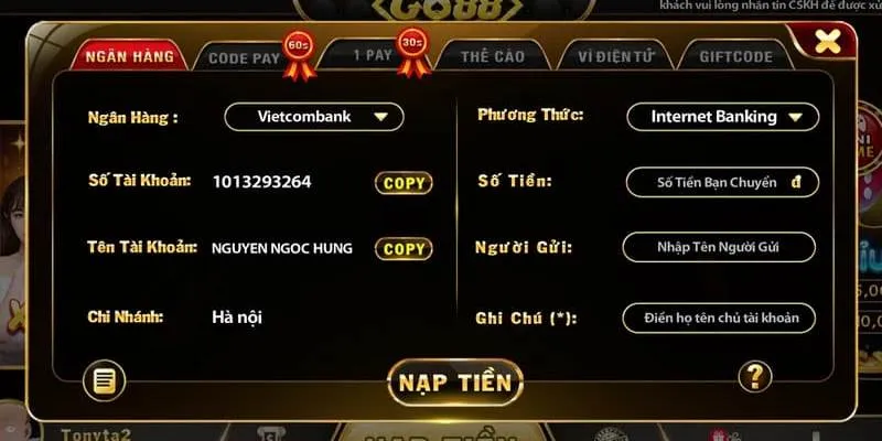 Chọn nạp tiền tại Go88