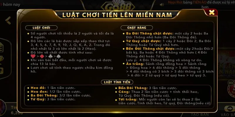 Quy tắc chơi Tiến lên miền Nam cơ bản tại Go88