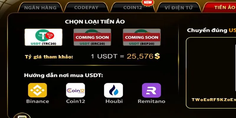 Thực hiện giao dịch nạp bằng tiền ảo tại nhà game