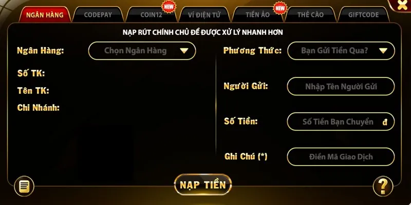 Thực hiện giao dịch nạp tiền vào tài khoản Go 88