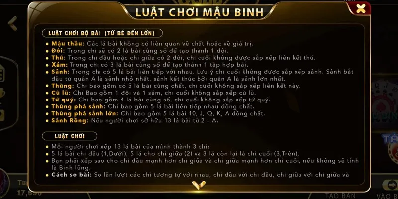 Luật chơi game bài Mậu binh chi tiết được áp dụng tại Go88