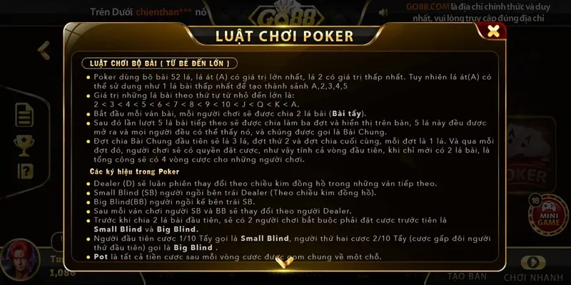 Các quy tắc cơ bản cần chú ý ở game bài Poker Go88 online